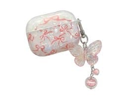 Wit transparant parelmoer hoesje voor oordopjes dames met roze strik patroon en vlinder hanger geschikt voor AirPods Pro 2 hardcase beschermhoes
