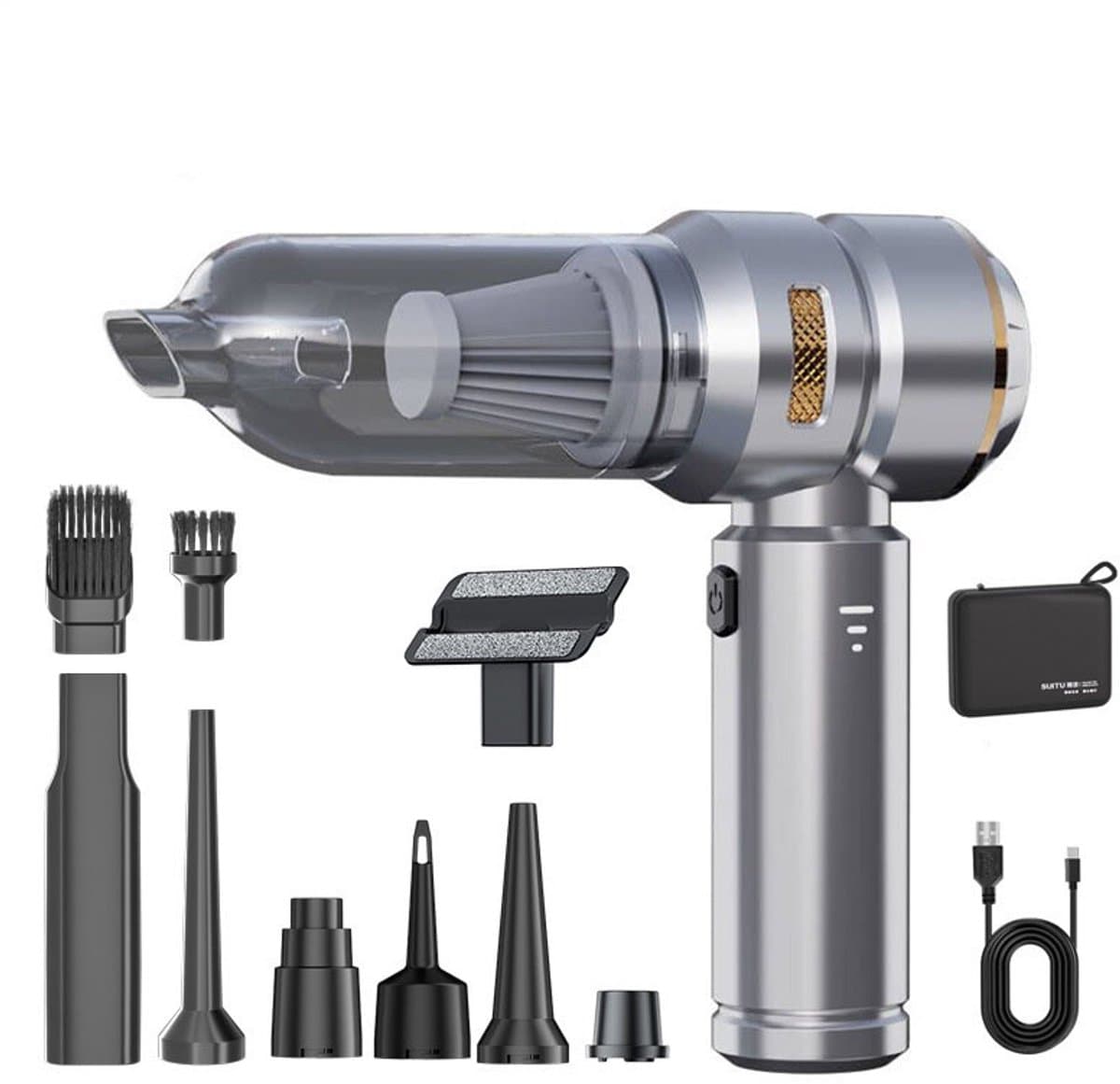 Sander Shop Mini Auto Stofzuiger,16000PA 4-in-1 snoerloze handheld stofzuiger met Brushless Motor Built-in 6000mAh batterij Type C Air Duster & Air Blower & pomp voor auto, kantoor-Zilver-goud — afbeelding 1