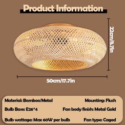 Bamboe Plafondlamp Met Verlichting En Afstandsbediening – Rustieke En Industrieel Design Plafondventilator — thumbnail 2