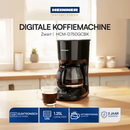 Heinner Compact Koffiezetapparaat 1,25L – 750W – Nylon Filter – Anti-Drup & Warmhoudfunctie – Automatische Uitschakeling – Zwart – LCD Display — thumbnail 2