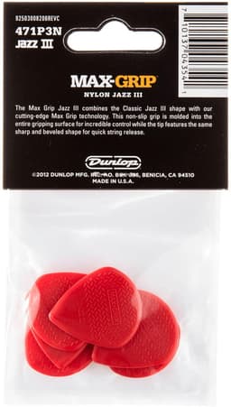 Dunlop Max Grip Nylon Jazz III Plectrum 6-Pack rood - Plectra — thumbnail 4