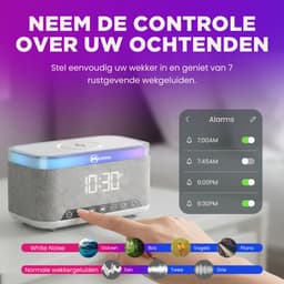 Muring Digitale Wekkerradio – Digitale Klok Slaapkamer – 15 W Draadloos opladen - Speaker met bluetooth - 13 Lichtstanden - Lichtwekker – Wekker voor kinderen & volwassenen – Netstroom – Alarmklok – Wit — thumbnail 2