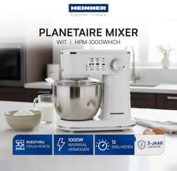 Heinner Keukenmachine Mixer – 5 L Kom – 1000 W – 12 Snelheden met Pulsfunctie – Keukenrobot inclusief RVS Garde, Menghaak en Deeghaak – Wit — thumbnail 2