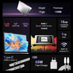 S14 Laptop 14 inch 2.2K 16:10 – AMD Ryzen 5 7535HS – 16GB LPDDR5 – 1TB NVMe SSD – 60Wh accu – WiFi 6 – Fingerprint – Windows 11 – Zilver — thumbnail 4