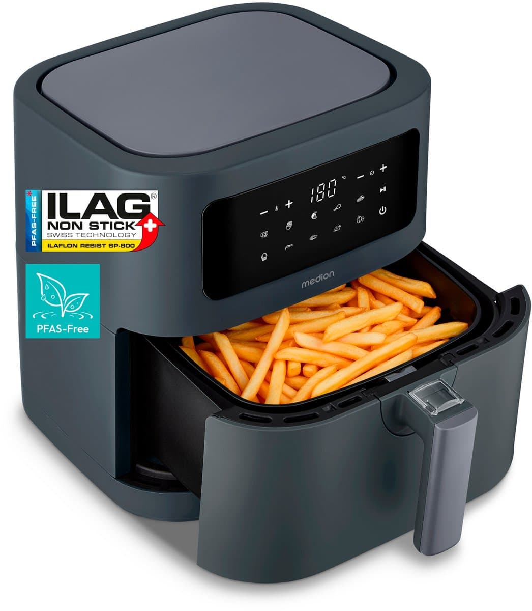 MEDION E40 XL heteluchtfriteuse (5,2 L, airfryer, 2 150 W, 9 automatische programma’s, bakfunctie, frituren zonder olie, touchbediening, LED-display), matgrijs — afbeelding 1