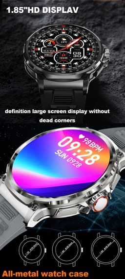 Knobbout 1.85” Scherm HD Sport Smartwatch – 710mAh Extra Grote Batterij – Bluetooth Bellen – RVS Bezel – Hartslagmeting/Bloeddrukmeting/Slaapmonitoring/Calorieverbruik – Android & iOS – Blauw Grijs Siliconen Band — thumbnail 5