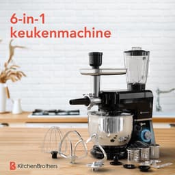 KitchenBrothers Keukenmachine - Keukenrobot - 6-in-1 Keukenmixer - Met Gehaktmolen, Blender en 15 Accessoires - 6,2L RVS Kom - Zwart — thumbnail 2