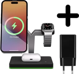 3 in 1 Magnetische docking station geschikt voor Apple iPhone / Apple Watch / AirPods - Oplader draadloos - iPhone Oplader met kabel - USB A naar USB C - Magneet - Magnetisch Oplaadstation telefoons - GSM lader Qi station - met adapter — thumbnail 1