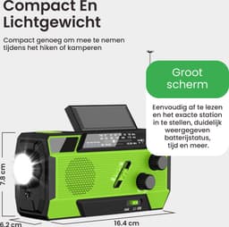 NaturaNex Noodradio Solar Opwindbaar Radio - Powerbank 4000mAh Zonneenergie - Ingebouwde Kabels - Dynamo / Zonnepaneel - Noodpakket - Zaklamp Opwindbaar - Survival Kit - FM - AM — thumbnail 3