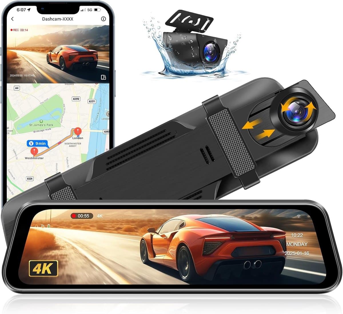 Dashcam voor auto - Zwart - 10 inch - Spiegel Dashcam met 4K Ultra-HD en Achteruitrijcamera - Voor Auto — afbeelding 1
