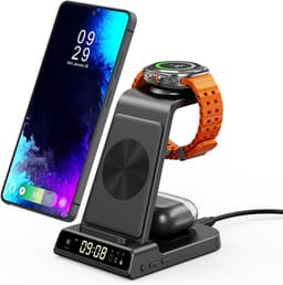 3-in-1 Draadloos Oplaadstation voor Samsung – Oplader voor Telefoon, Horloge & Oordopjes met Digitale Klok, Zwart — thumbnail 1
