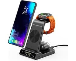 3-in-1 Draadloos Oplaadstation voor Samsung – Oplader voor Telefoon, Horloge & Oordopjes met Digitale Klok, Zwart