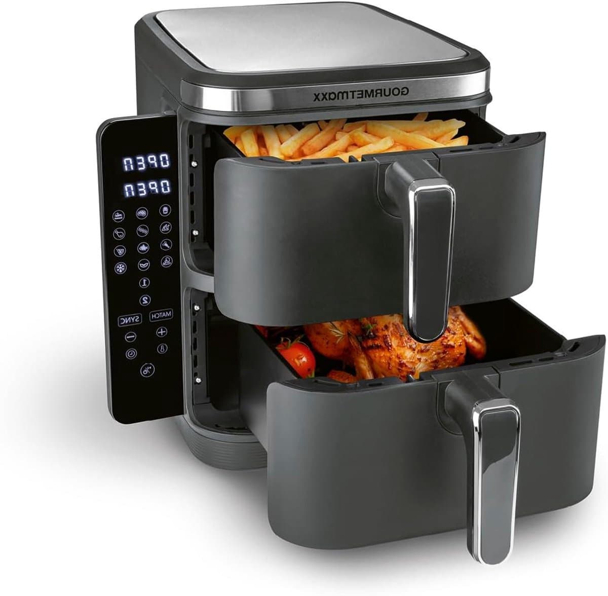 Verticale heteluchtfriteuse - Dubbele kamer airfryer - Gezinsmaaltijden bereiden - Ruimtebesparend design - 10 liter inhoud - Grijs — afbeelding 1