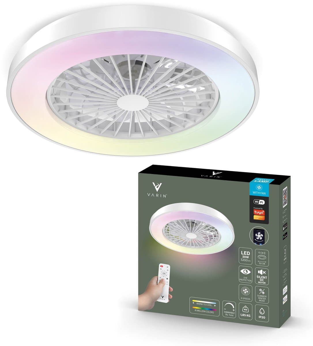 Varin® Smart Ventilator met verlichting - Wit - Tuya Wifi - LED 30W RGBW - Ø 50cm - Super stil - Afstandsbediening smart lamp - Plafondlamp slaapkamer - Plafonniere woonkamer - Plafondlampen - Plafond lamp - Verlichting kinderkamer - Ventilator — afbeelding 1