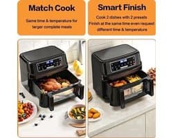 Heteluchtfriteuse – Airfryer - Airfryer Oven XXL - 12L - Dubbele Kookkamer Instelbaar - 2000W - 240V - 8 Voorgeprogrammeerde Programma's - LED Touchscreen - Kijkvenster - Zwart