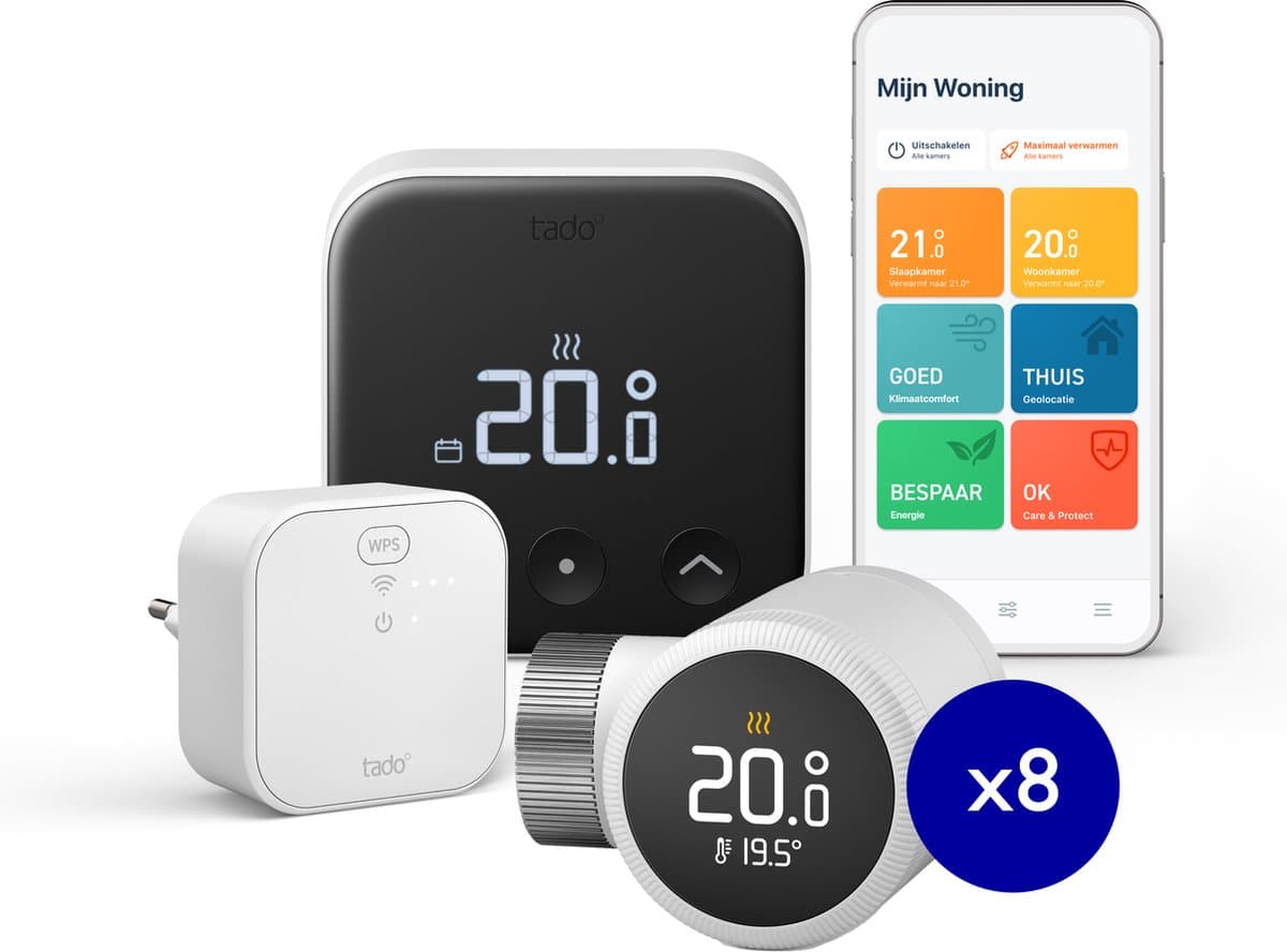 tado° Slimme Thermostaat X Bundel - Starterskit - Slimme Thermostaat - incl. Matter Bridge - Bedrade variant - 8 Radiatorknoppen - Zwart/Wit — afbeelding 1