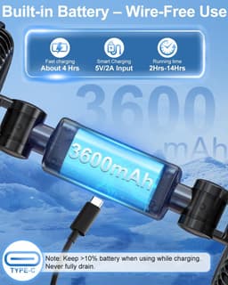 Ulisem - Voorbankventilator - Met zuignap beugel - 3600mAh oplaadbaar - 3 snelheden - Dubbel 5.7 inch kop - 360° roteerbaar - Led display - Stille motor - Voor auto en reizen - Zwart — thumbnail 2