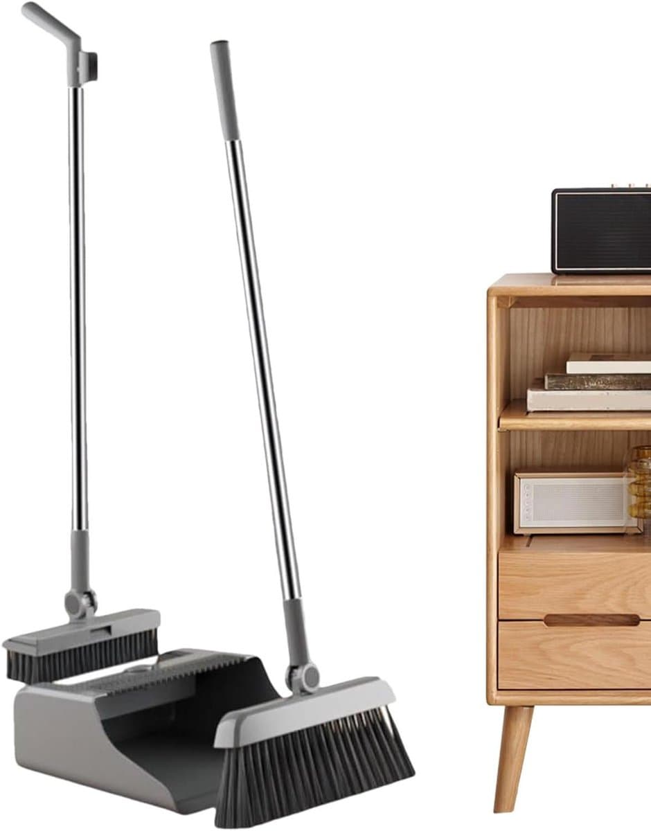 Bezem Met Stofblik - Veegset Stoffer Blik - Snel Vloeren Schoonmaken - Geïntegreerd Opbergdesign - 3 Delig - Grijs — afbeelding 1