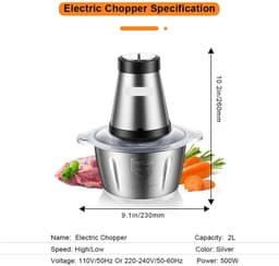 Elektrische Vleesmolen - 500W - Foodprocessor - Hakmolen - 2L RVS Keukenmachine - 2 Snelheden - voor Vlees - Noten en Groenten - Eenvoudig Schoon te Maken - Standaard — thumbnail 3