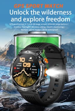 Knobbout GPS Smartwatch 1.7" (4,3 cm) Scherm met LED Zaklamp – 850mAh Batterij | IP68 Waterdicht | Kompas, Hoogtemeter & Barometer | Outdoor Sport Horloge met Bluetooth Bellen - Zwart — thumbnail 5