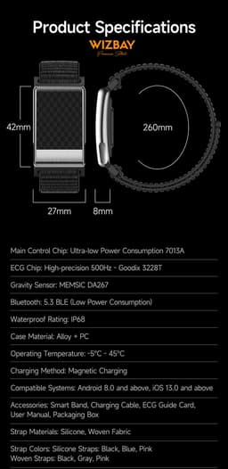 WizBay Premium Select® Smart Bracelet - Screenloze Gezondheidsarmband - ECG - HRV - Hartslag - Zuurstof - Temperatuur - Glucosetrends - BMI - iOS en Android - IP68 - Zilver Rosé — thumbnail 3
