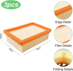 3-pack vervangingsfilters, vlakgeplooide filters, HEPA-filter accessoirekit, vlakgeplooide stofzuigervervangingsfilters geschikt voor Karcher WD5 WD4 MV4 MV5 stofzuigers — thumbnail 3