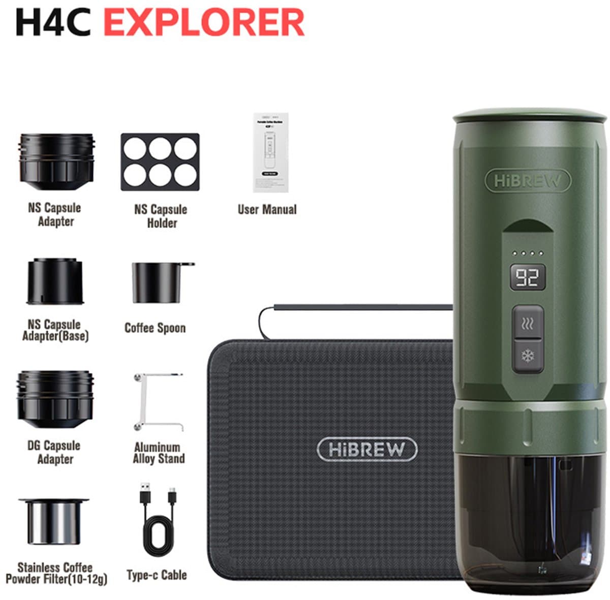 HIBREW H4C Draagbare Espressomachine, Handmatige Koffiemachine voor Camping, Reizen en Thuisgebruik, Groen - Explorer — afbeelding 1
