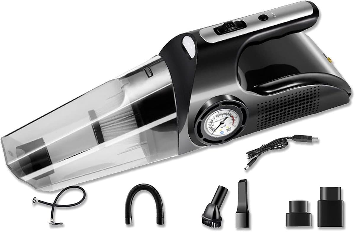 4-in-1 Autostofzuiger – 8000PA Zuigkracht – Handstofzuiger met Compressor, Bandenspanningsmeter & LED-lamp – Nat/Droog – 12V – Auto Luchtpomp – Met Accessoires – 120W — afbeelding 1