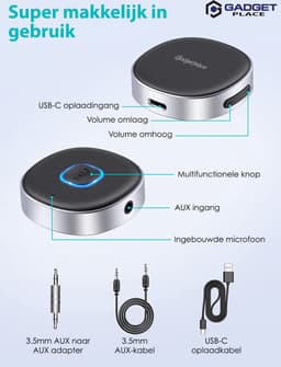 Gadgetplace Bluetooth Receiver Incl. 3.5MM AUX - BT 5.0 - Bluetooth Ontvanger - Handsfree Bellen - Bluetooth Audio Receiver - Bluetooth via AUX — thumbnail 4