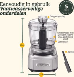 Cuisinart Keukenmachine - Compacte mini Mixer - Kakmolen met Pulsefunctie - Deksel met gaten voor toevoegingen - Zilver - 900ml — thumbnail 3