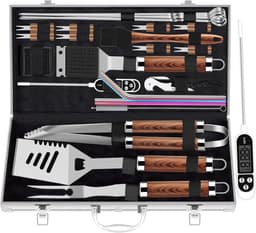 Famanu Extra dikke RVS grillset voor mannen, set van grilaccessoires voor BBQ in tuin, cadeauset met grilltools, met vleesthermometer, in aluminium koffer, 26 stuks, bruin — thumbnail 1