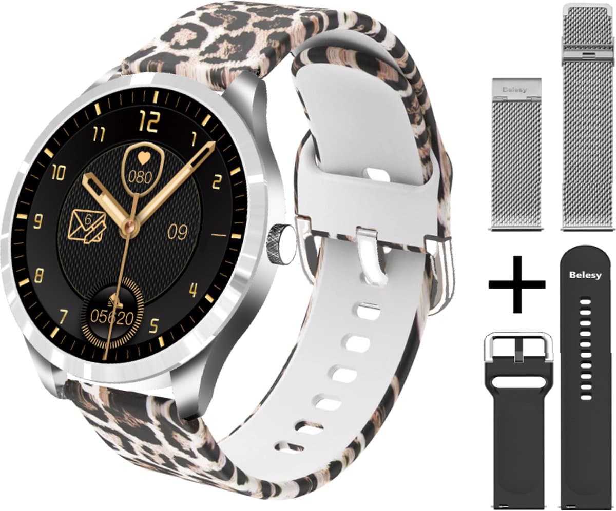 Belesy® BQSiZiPp Pro - Smartwatch Dames – Smartwatch Heren - Horloge - 1.28 inch - Kleurenscherm - Stappenteller - Bloeddruk - Hartslag - 75+ Wijzerplaten – Sporten – Zilver – Panterprint – extra polsband Milanees Zilver en Zwart - Kerstcadeau — afbeelding 1