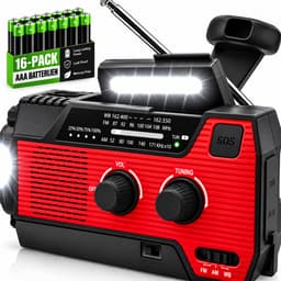 Noodradio - Op Batterijen (INCLUSIEF 16 Pack) - Opwindbaar & Batterij - AAA Batterijen - Zonnepaneel - + Zonne energie + Oplaadbaar - Nood Radio - Noodpakket - Solar - Voor Noodrantsoen - Rampen - Draagbare - FM AM - Aanzwengelen Radio – Rood — thumbnail 1