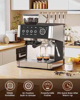 Espressomachine - Pistonmachine met geïntegreerde Bonenmaler - 15 Bar Italiaanse Pomp - 30 Maalstanden - 200g Bonenreservoir - 58mm Siebträger - Handmatige Stoompijpje Melkopschuimer - Coffee Machine - voor Thuis en Kantoor — thumbnail 3