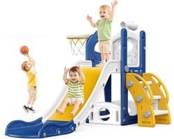 Grote blauwe glijbaan voor kleine kinderen met basketbalmand, glijbaan voor peuters van 1 tot 3 peuters, klimer, glijbaan, speelset met opbergruimte, binnen en buiten, speelgoed voor