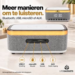 LifeGadgets Digitale Wekkerradio – Digitale Klok Slaapkamer – 15 W Draadloos opladen - Speaker met bluetooth - 13 Lichtstanden - Lichtwekker – Wekker voor kinderen & volwassenen – Netstroom – Alarmklok – Wit — thumbnail 5