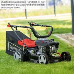 Benzine-duwmaaier - Loopmaaier voor gazon - Voor kleinere tuinen - Zelfaandrijving met grote wielen - 42 cm maaibreedte - Rood en zwart — thumbnail 3