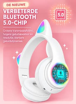 Kinder Koptelefoon Draadloos Bluetooth - Kinder Hoofdtelefoon - Draadloos Opvouwbaar Schattige Koptelefoon - Kids Headset - Over Ear-Bluetooth - Microfoon - Kattenoortjes met LED Verlichting - Wit — thumbnail 5