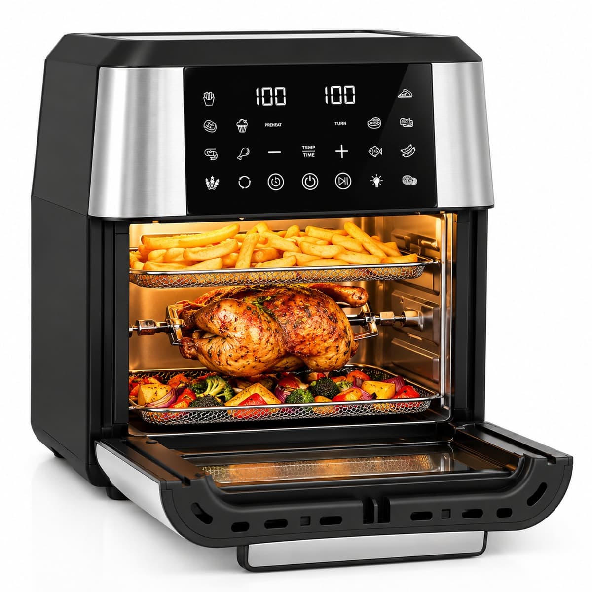 ITRONIQ Airfryer Oven XXL 12L – Heteluchtfriteuse 1800W – 12 Programma's – Rotisserie – Digitaal Touchscreen – RVS – Zwart — afbeelding 1