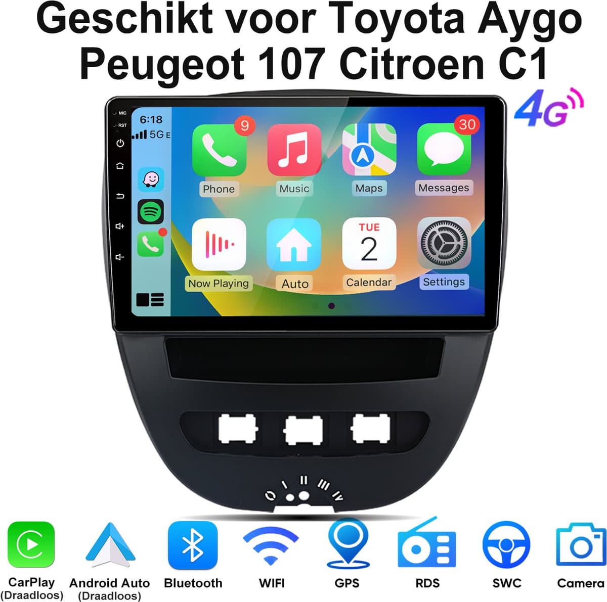 Junsun Android 15 Autoradio Geschikt voor Peugeot 107 Citroen C1 Toyota Aygo Accessoires - 6GB+128GB - Draadloze CarPlay & Andriod Auto - GPS-navigatiesysteem - Bluetooth - Stuurwielbediening - WiFi - 10 Inch Touchscreen - 4G - DSP - FM - USB — afbeelding 1