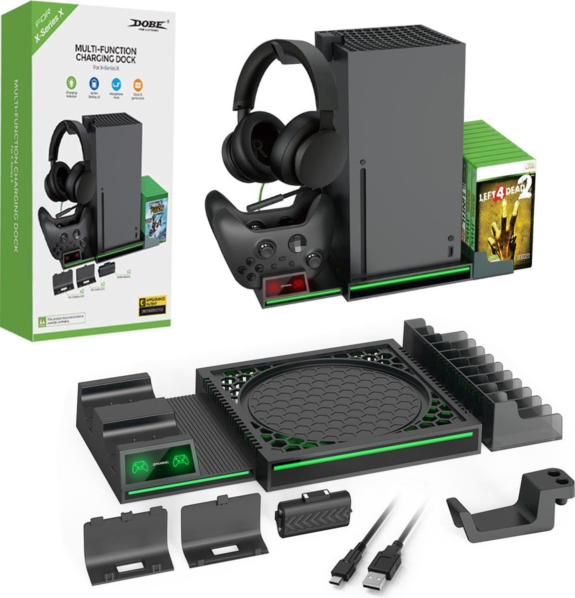Verticale standaard geschikt voor Xbox Series X - Serie X oplaadstation voor controller - met 2-pack 300mAh oplaadbare batterij - 10 Slot Game Opslag en Headset Haak - geschikt voor Xbox Series X-controller — afbeelding 1