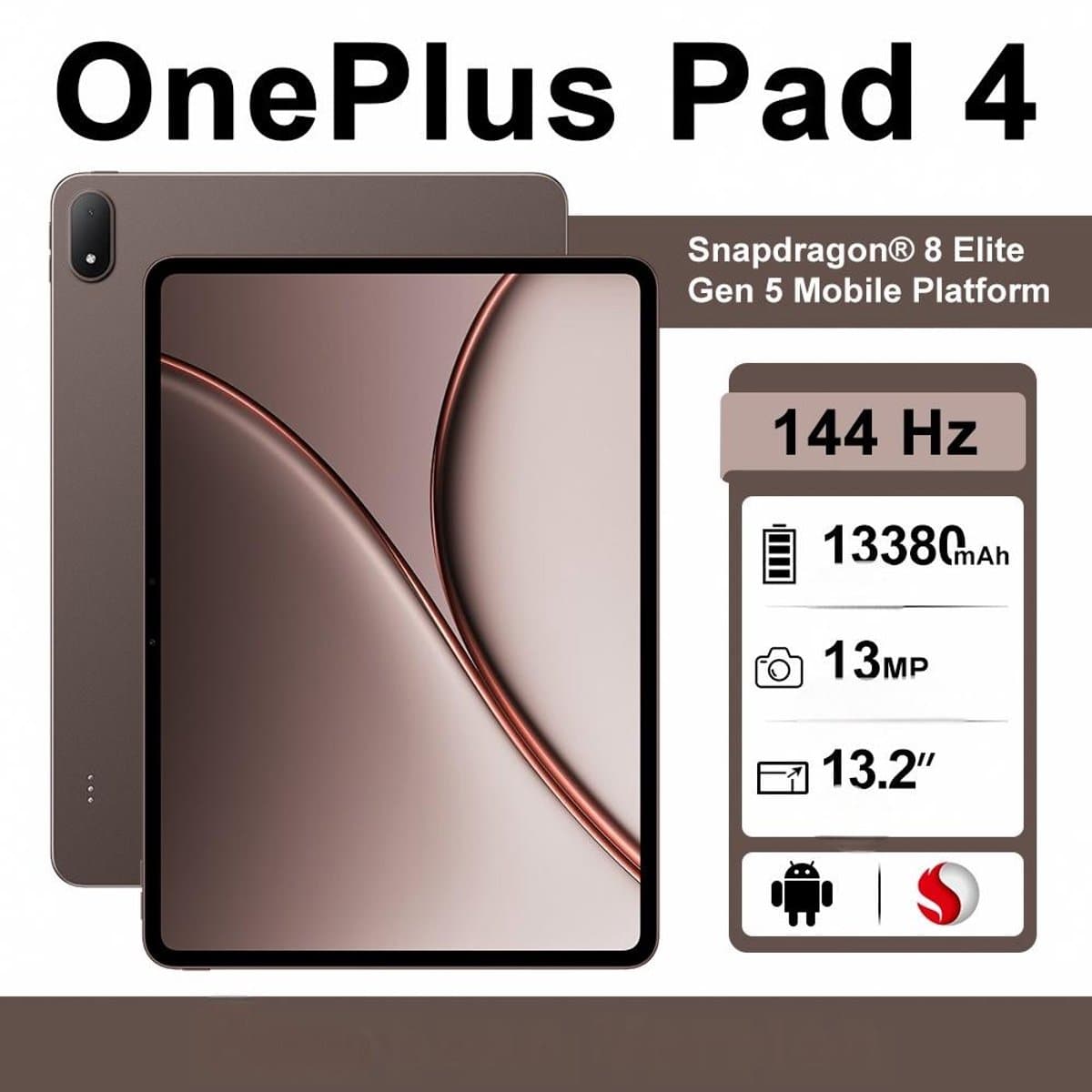 OnePlus Pad 4 Tablet – 13,2" 144Hz – 12GB+512GB – WiFi 7 – 13380mAh - Android 16 - Dune Glow — afbeelding 1
