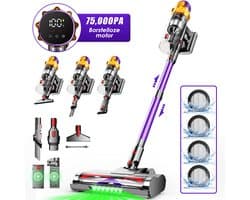 Hiaonyx steelstofzuiger - 8-in-1 steelstofzuiger draadloos - 75000pa - Met dierenborstel - LED Groene Stofdetectielamp - Geschikt voor Tapijten - Harde Vloeren en Dierenharen - 2-liter stofopvangbox - Paars