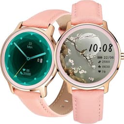 Belesy® VENUS - Smartwatch Dames - Horloge - 1.1 inch - Kleurenscherm - Stappenteller - Bloeddruk - Hartslag - Maak je eigen wijzerplaat – Goud – Leer - Roze - Moederdag — thumbnail 2