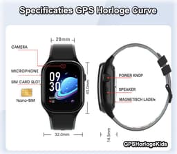 GPSHorlogeKids© - smartwatch kinderen - GPS horloge kind - kleinste model 2026 - kinder smartwatch - 4G videobellen - SOS alarm – veilige zone - klasse tijd - alarm - spatwaterdicht - hartslag - incl. SIM - CURVE zwart — thumbnail 2