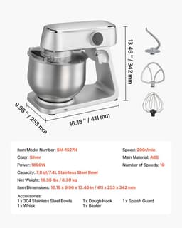 Keukenmachine - Staande Mixer - Vermogen 1800 W - RVS Mengkom 7,4 L - 10 Snelheden - Kantelbare Kop - Inclusief Deeghaak, Garde en Klopper — thumbnail 4