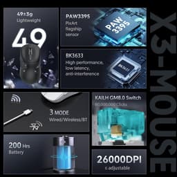 ATTACK SHARK X3 - Lichtgewicht Gaming Muis - PAW 3395 Sensor - 49g Superlight - BT + 2.4G Draadloos + Bedraad - 26.000 DPI - 200u Accu - Zwart — thumbnail 5