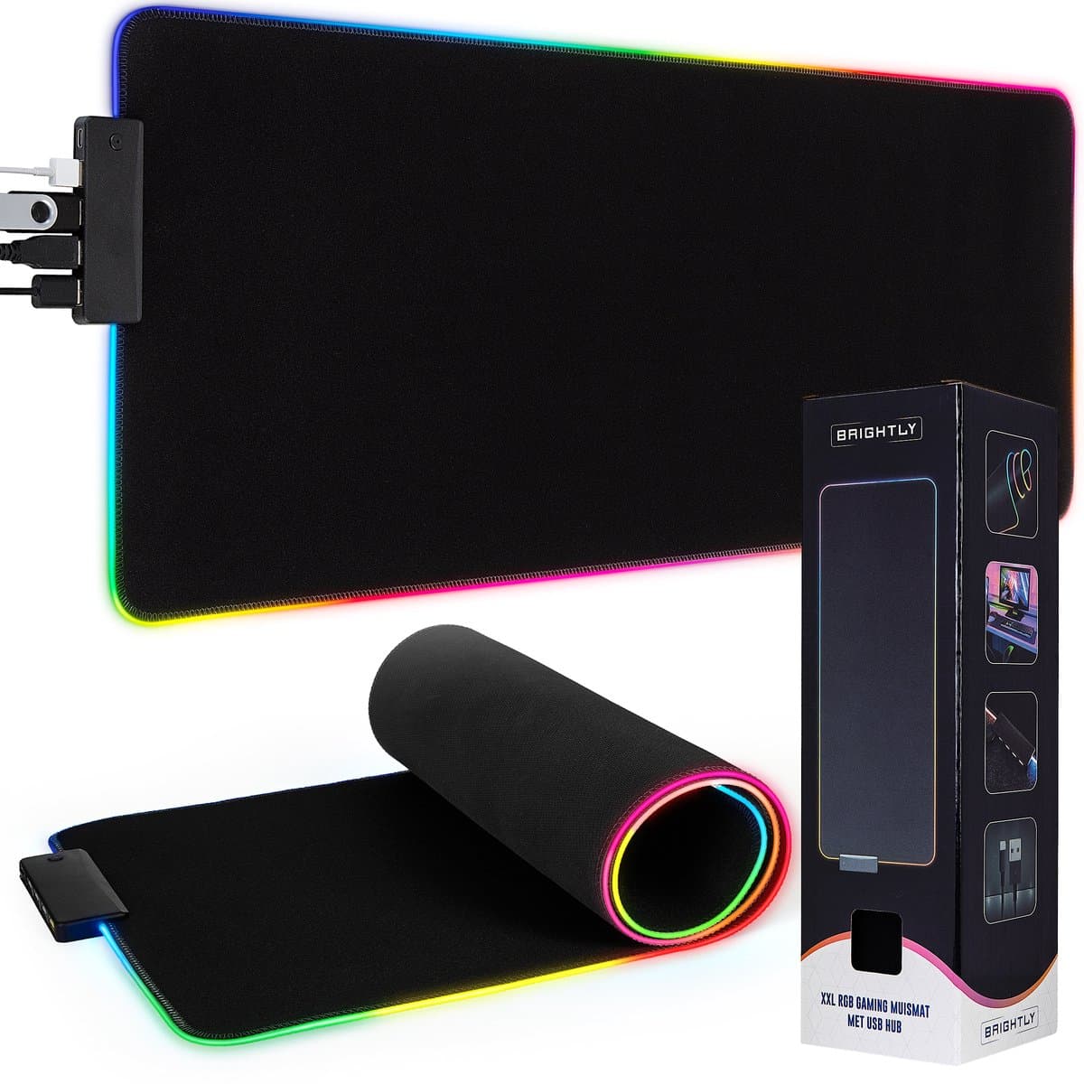 Brightly® 4-in-1 RGB Gaming Muismat XXL Met USB Hub - LED Verlichting Muismat - USB Hub - Splitter - USB - Antislip Muismat - 80 cm x 30 cm - Waterproof - Gaming Muismat - Extra Breed en Lang - Zwart — afbeelding 1