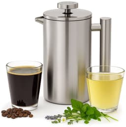 French press - cafetiere / theepot met filter - dubbelwandig RVS met theefilter voor losse thee of gemalen koffie - 1 liter — thumbnail 1