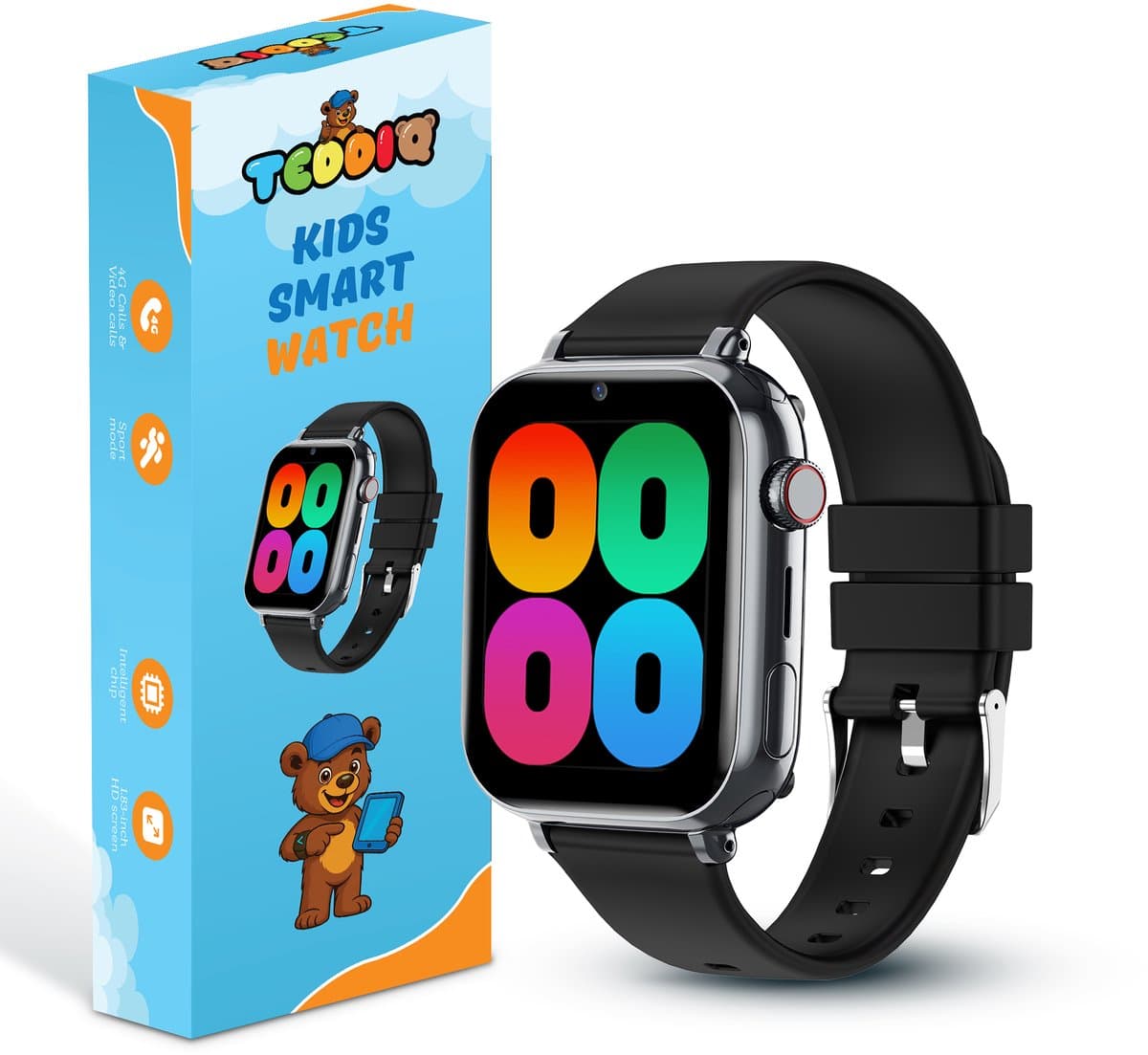 TeddiQ 4G Smartwatch - GPS Kinder Smartwatch - Kinderhorloge - Zwart - Smartwatch Kind - SOS knop - Smartwatch Kinderen — afbeelding 1